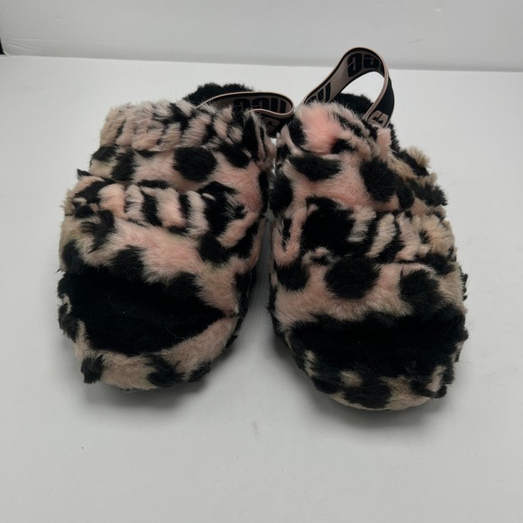 UGG Shoes - UGG Fluff Yeah Slide Pink Black Leopard Animalia‎ Print Slingback Sandals Sz 6